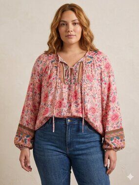 Boho Floral Peasant Top XL Pink Long Sleeve Lightweight Blouse Festival EUC